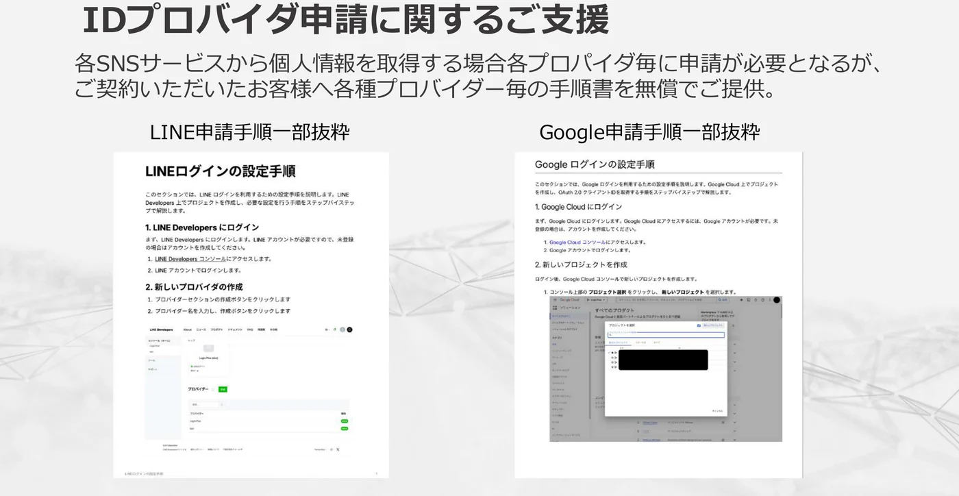 Login Plusが提供するSNSごとの申請手順書（LINE・Googleの一部抜粋）